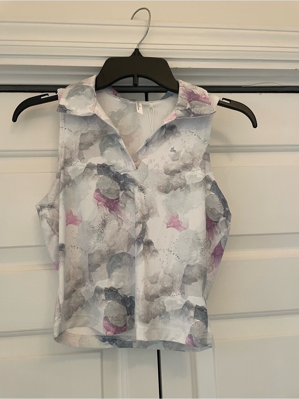 Travis Mathew Sleeveless Collared Tank in White, Gray & Pink Watercolor